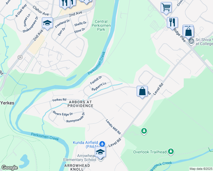 map of restaurants, bars, coffee shops, grocery stores, and more near 1006 Bayberry Lane in Collegeville