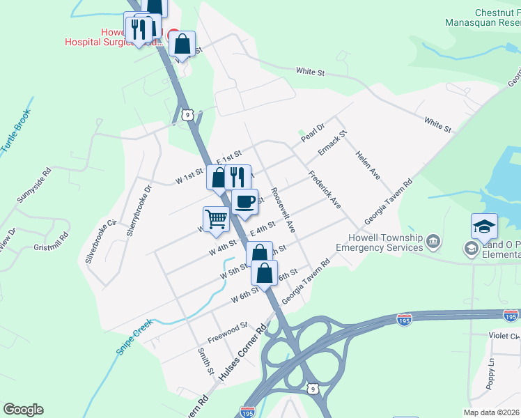 map of restaurants, bars, coffee shops, grocery stores, and more near 16 East 3rd Street in Howell Township
