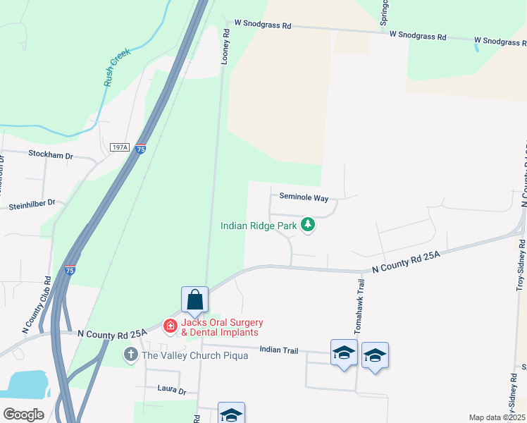 map of restaurants, bars, coffee shops, grocery stores, and more near 2200 Navajo Trail in Piqua