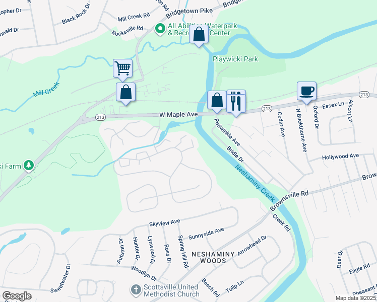 map of restaurants, bars, coffee shops, grocery stores, and more near 128 Woodbridge Court South in Langhorne
