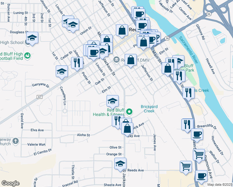 map of restaurants, bars, coffee shops, grocery stores, and more near 360 Lincoln Street in Red Bluff