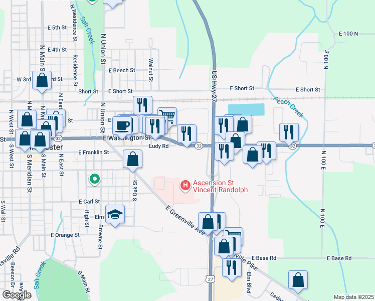 map of restaurants, bars, coffee shops, grocery stores, and more near 768 East Washington Street in Winchester