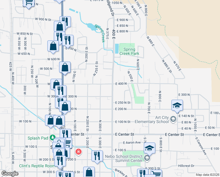 map of restaurants, bars, coffee shops, grocery stores, and more near 373 North 400 East in Springville