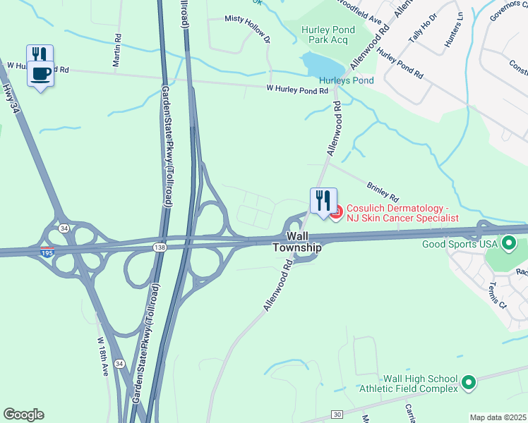 map of restaurants, bars, coffee shops, grocery stores, and more near 3403 Aspen Circle in Wall Township