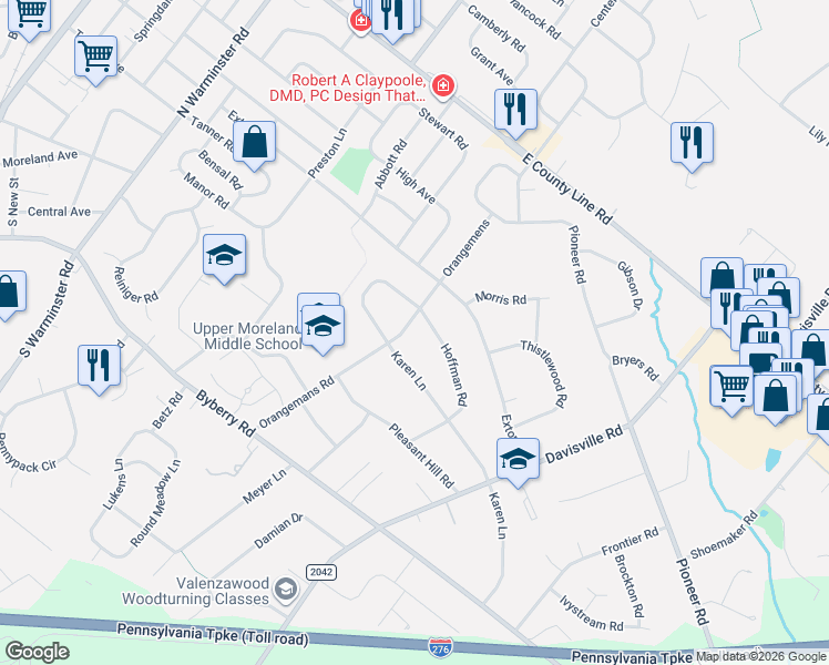 map of restaurants, bars, coffee shops, grocery stores, and more near 4115 Orangemans Road in Hatboro