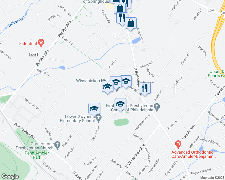 map of restaurants, bars, coffee shops, grocery stores, and more near 521 Houston Road in Ambler