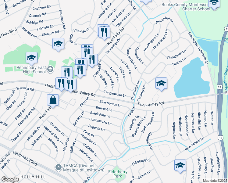 map of restaurants, bars, coffee shops, grocery stores, and more near 36 Tanglewood Lane in Levittown