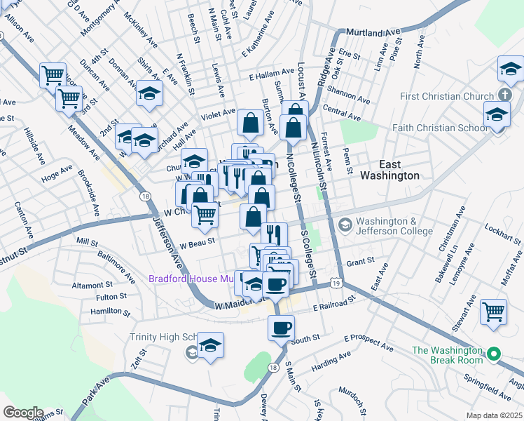 map of restaurants, bars, coffee shops, grocery stores, and more near 38 North Main Street in Washington