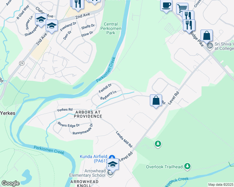 map of restaurants, bars, coffee shops, grocery stores, and more near 1006 Bayberry Lane in Collegeville