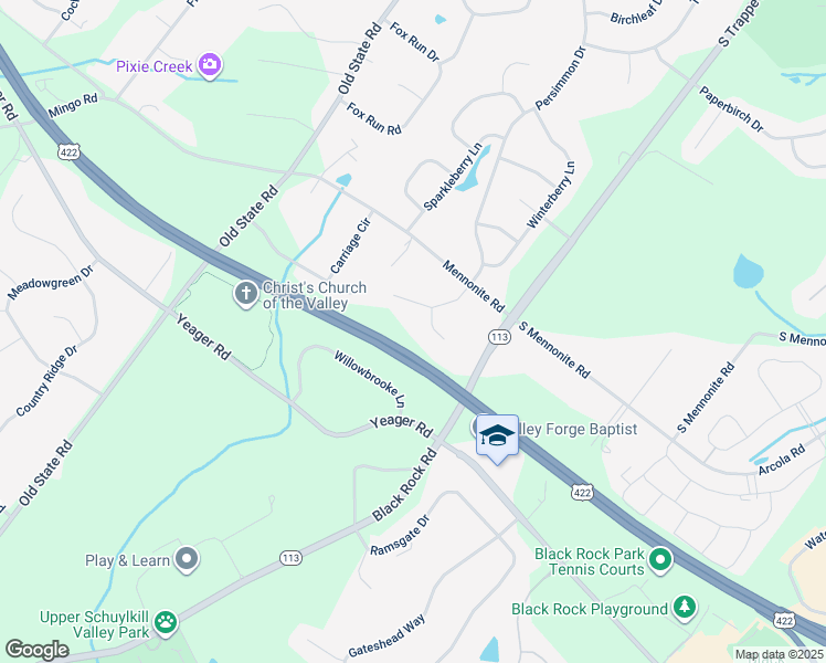 map of restaurants, bars, coffee shops, grocery stores, and more near 22 Windy Knoll Drive in Royersford