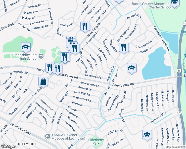 map of restaurants, bars, coffee shops, grocery stores, and more near 36 Tanglewood Lane in Levittown