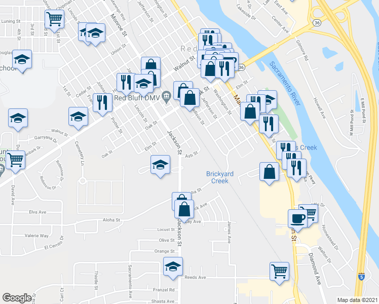 map of restaurants, bars, coffee shops, grocery stores, and more near 725 Ash Street in Red Bluff