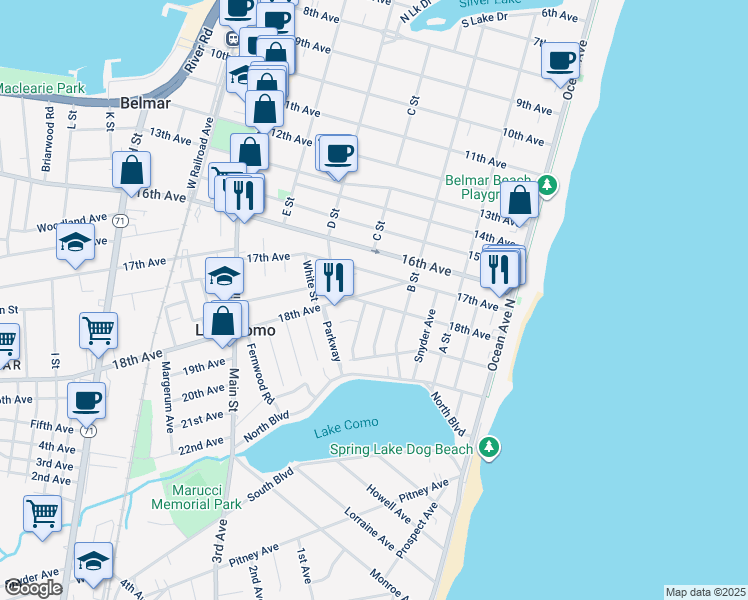 map of restaurants, bars, coffee shops, grocery stores, and more near 403 18th Avenue in Belmar