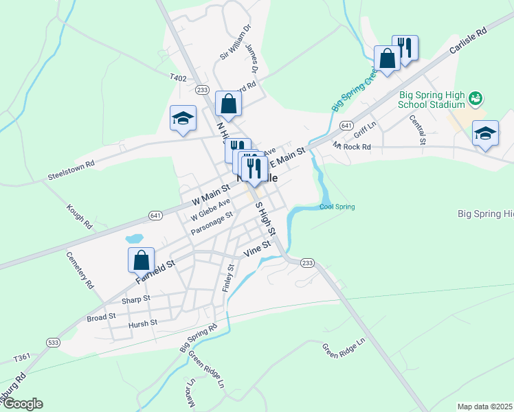 map of restaurants, bars, coffee shops, grocery stores, and more near 58 South High Street in Newville