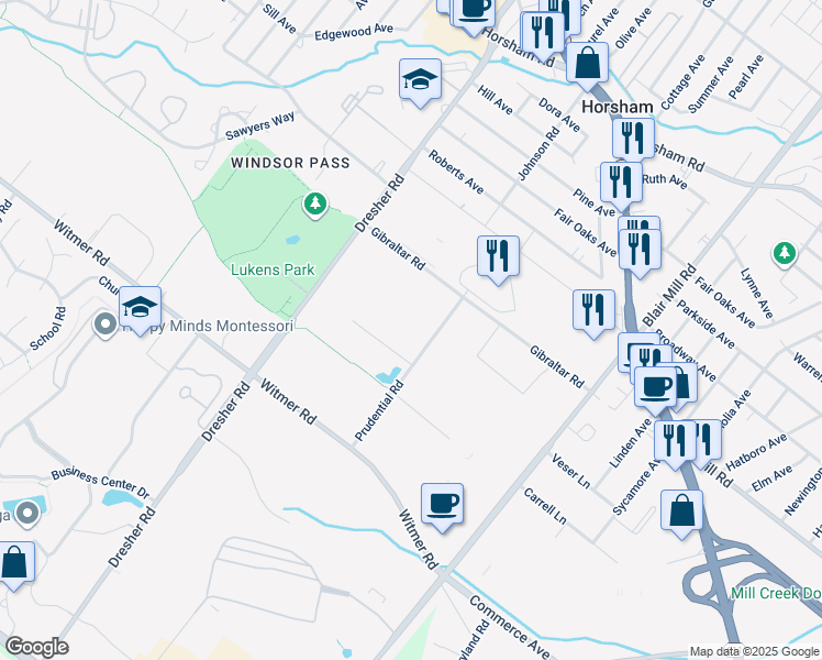 map of restaurants, bars, coffee shops, grocery stores, and more near 264 Lakeside Drive in Horsham