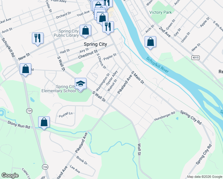 map of restaurants, bars, coffee shops, grocery stores, and more near 405 Walnut Street in Spring City