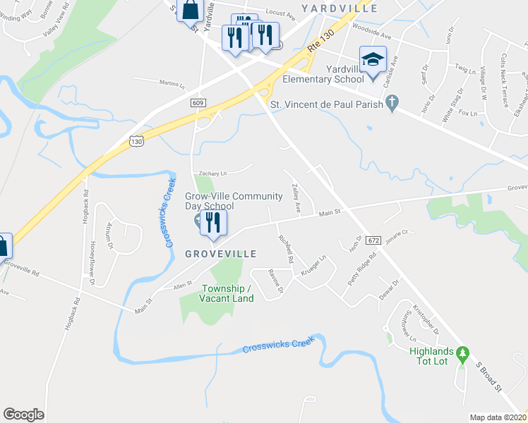 map of restaurants, bars, coffee shops, grocery stores, and more near 9 Ervin Drive in Hamilton Township