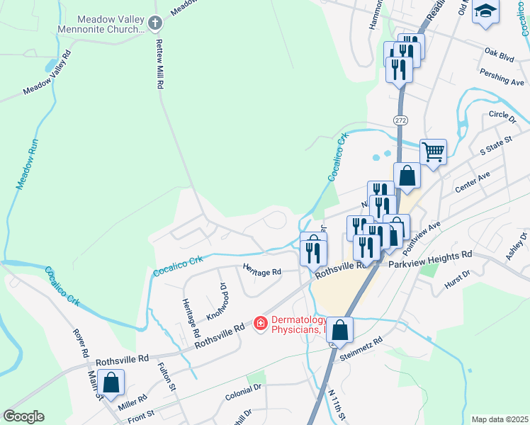 map of restaurants, bars, coffee shops, grocery stores, and more near 37 Hilldale Drive in Ephrata