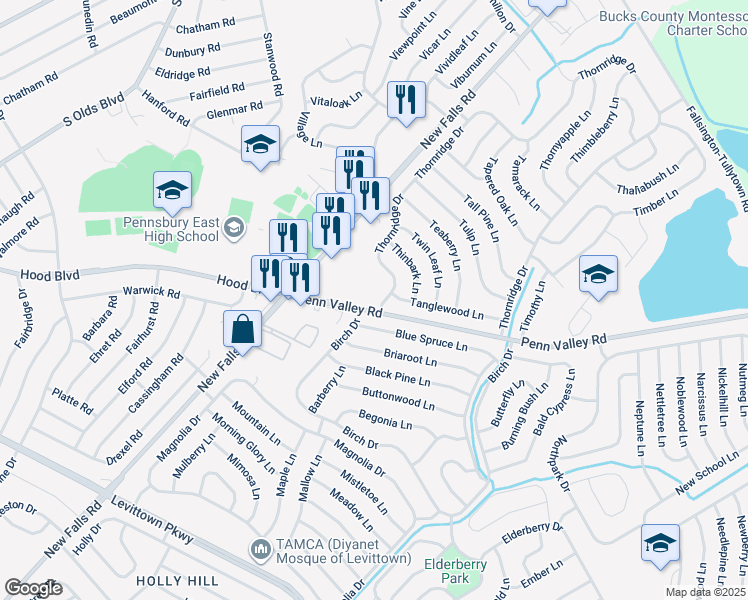 map of restaurants, bars, coffee shops, grocery stores, and more near 460 Thornridge Drive in Levittown