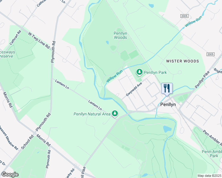 map of restaurants, bars, coffee shops, grocery stores, and more near 1129 Township Line Road in Penllyn
