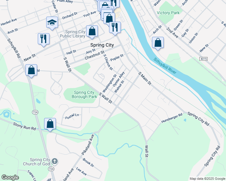 map of restaurants, bars, coffee shops, grocery stores, and more near 337 Walnut Street in Spring City