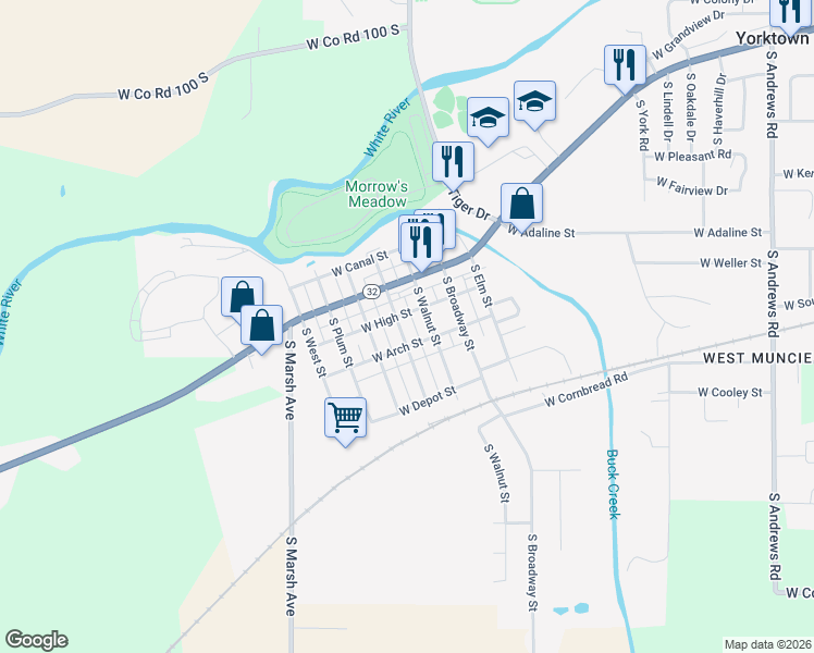map of restaurants, bars, coffee shops, grocery stores, and more near 2315 South Market Street in Yorktown