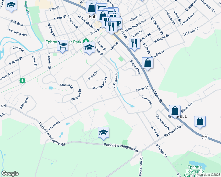 map of restaurants, bars, coffee shops, grocery stores, and more near 94 Westpointe Drive in Ephrata