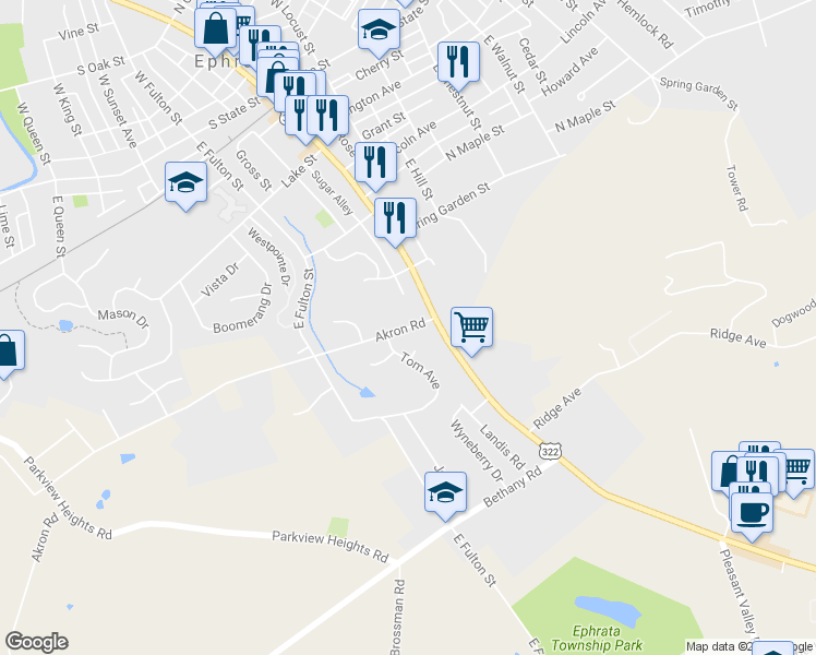 map of restaurants, bars, coffee shops, grocery stores, and more near 15 Akron Road in Ephrata