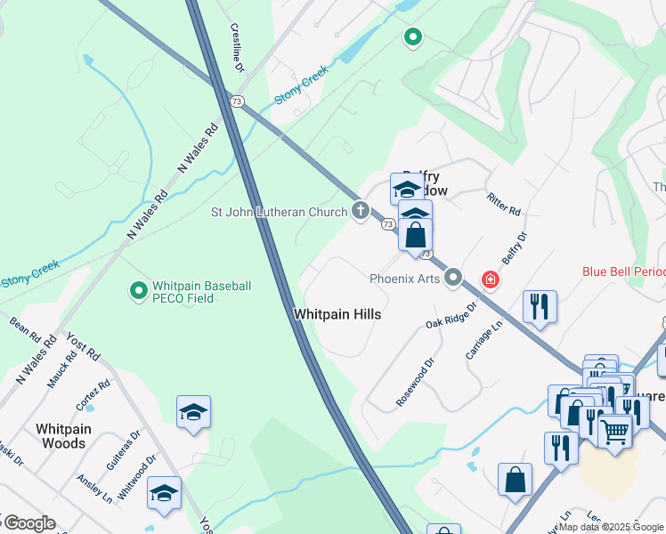 map of restaurants, bars, coffee shops, grocery stores, and more near 409 Whitpain Hills in Blue Bell