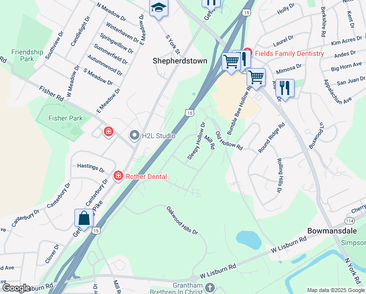 map of restaurants, bars, coffee shops, grocery stores, and more near 2353 Mill Road in Mechanicsburg