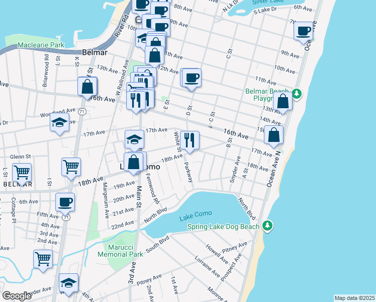 map of restaurants, bars, coffee shops, grocery stores, and more near 1800 Parkway in Lake Como