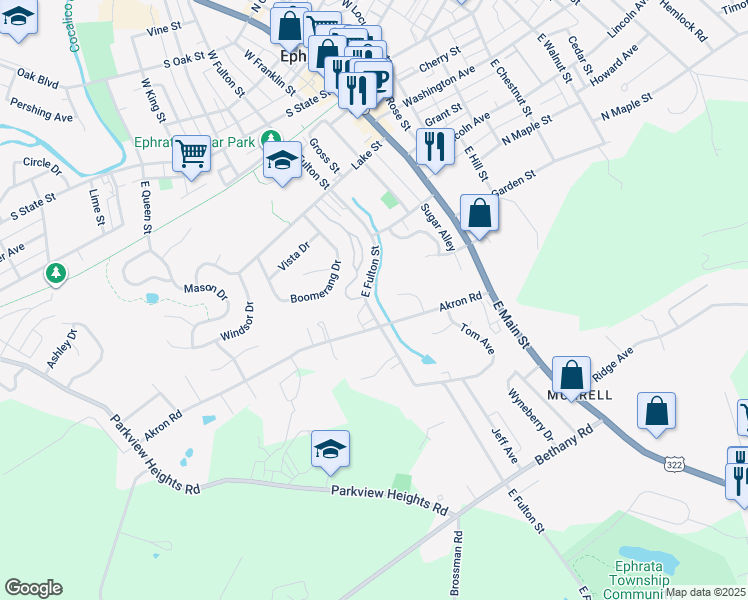 map of restaurants, bars, coffee shops, grocery stores, and more near 182 East Fulton Street in Ephrata