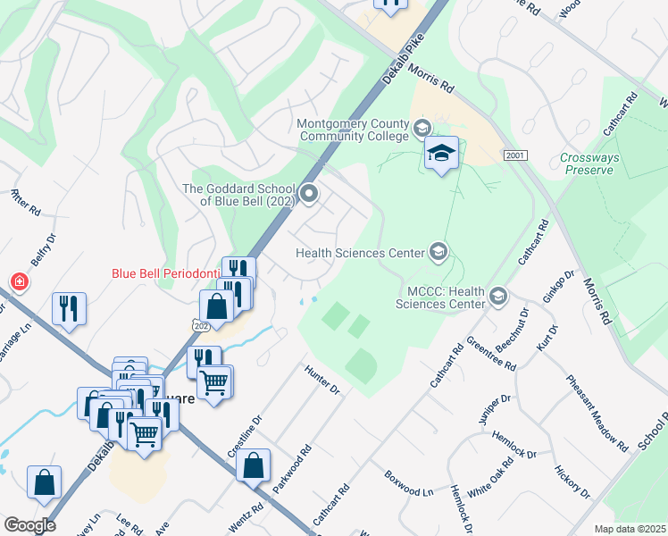 map of restaurants, bars, coffee shops, grocery stores, and more near 604 Blue Bell Springs Drive in Blue Bell