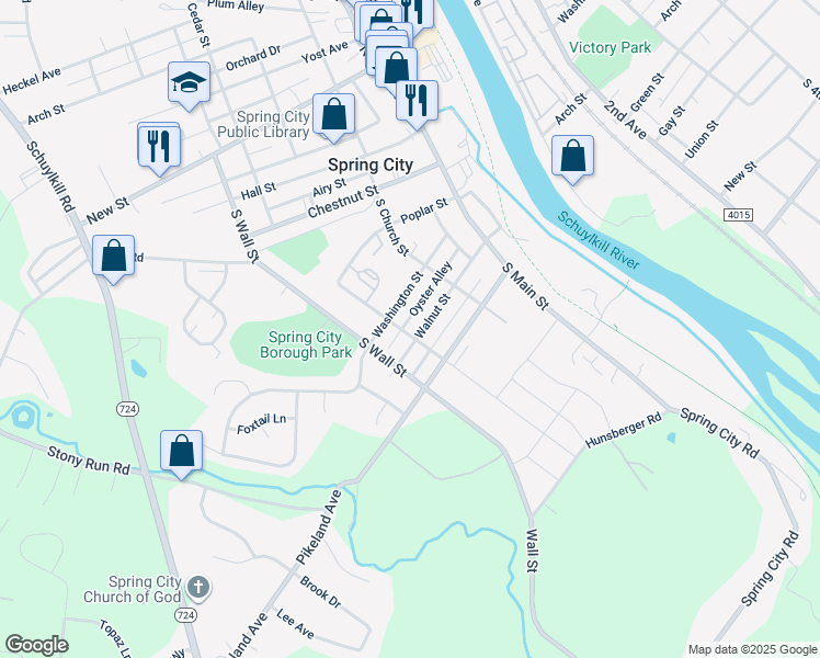 map of restaurants, bars, coffee shops, grocery stores, and more near 337 Walnut Street in Spring City