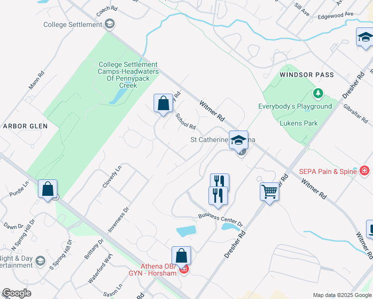 map of restaurants, bars, coffee shops, grocery stores, and more near 41 Fieldstone Lane in Horsham