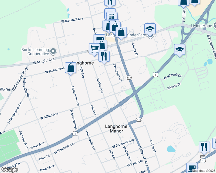 map of restaurants, bars, coffee shops, grocery stores, and more near 360 South Bellevue Avenue in Langhorne