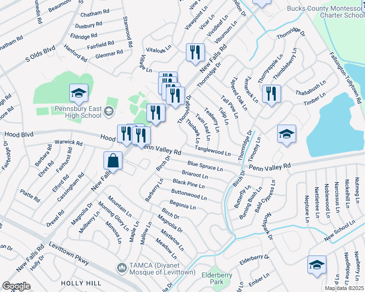 map of restaurants, bars, coffee shops, grocery stores, and more near 460 Thornridge Drive in Levittown