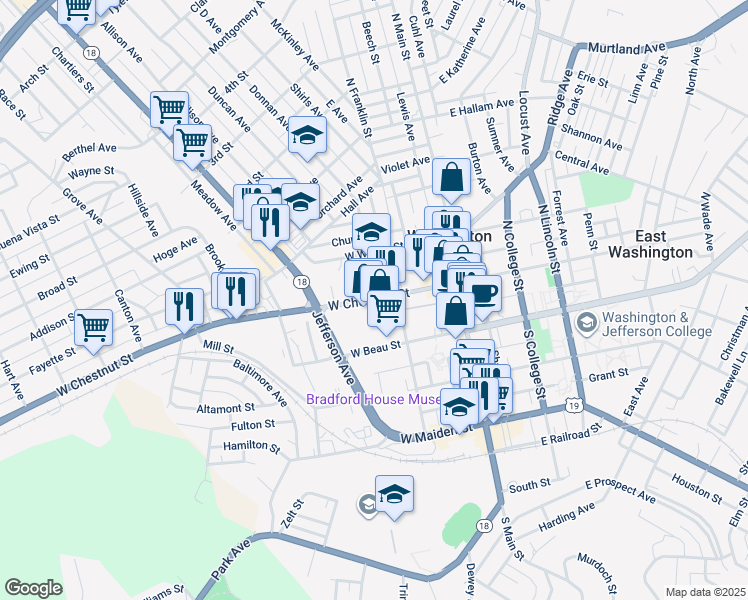 map of restaurants, bars, coffee shops, grocery stores, and more near 102 West Chestnut Street in Washington
