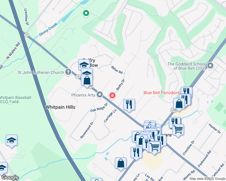 map of restaurants, bars, coffee shops, grocery stores, and more near 835 Belfry Drive in Blue Bell