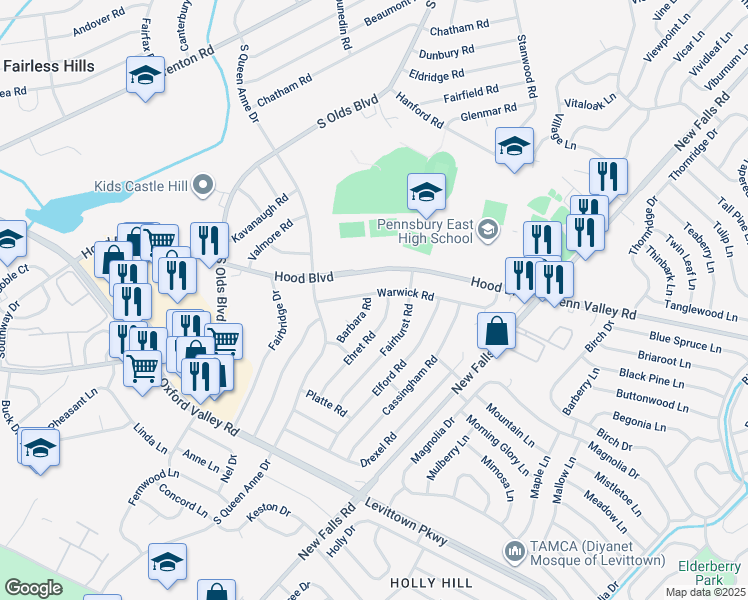 map of restaurants, bars, coffee shops, grocery stores, and more near 612 Warwick Road in Fairless Hills