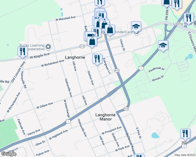 map of restaurants, bars, coffee shops, grocery stores, and more near 360 South Bellevue Avenue in Langhorne
