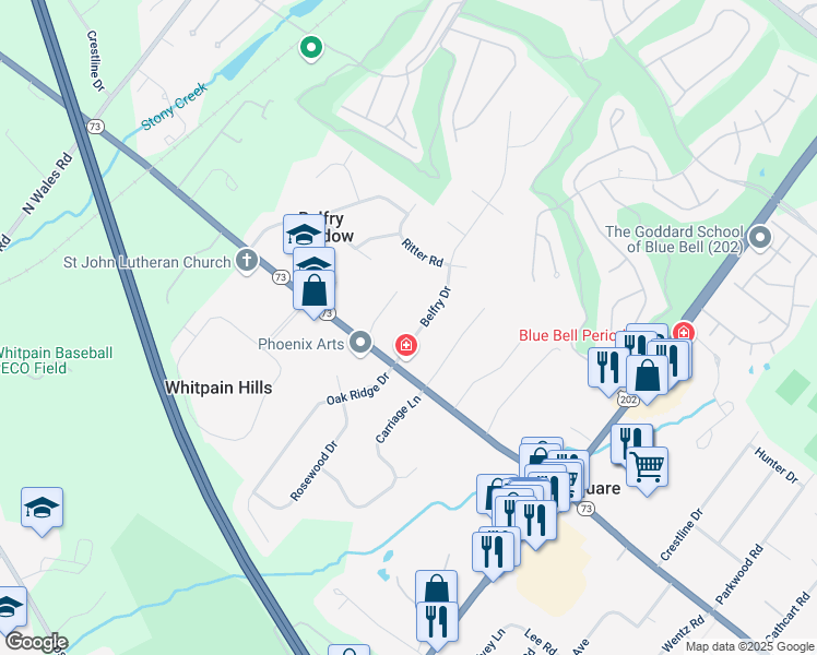 map of restaurants, bars, coffee shops, grocery stores, and more near 835 Belfry Drive in Blue Bell