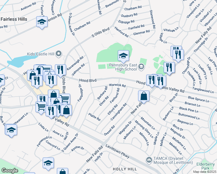 map of restaurants, bars, coffee shops, grocery stores, and more near 612 Warwick Road in Fairless Hills