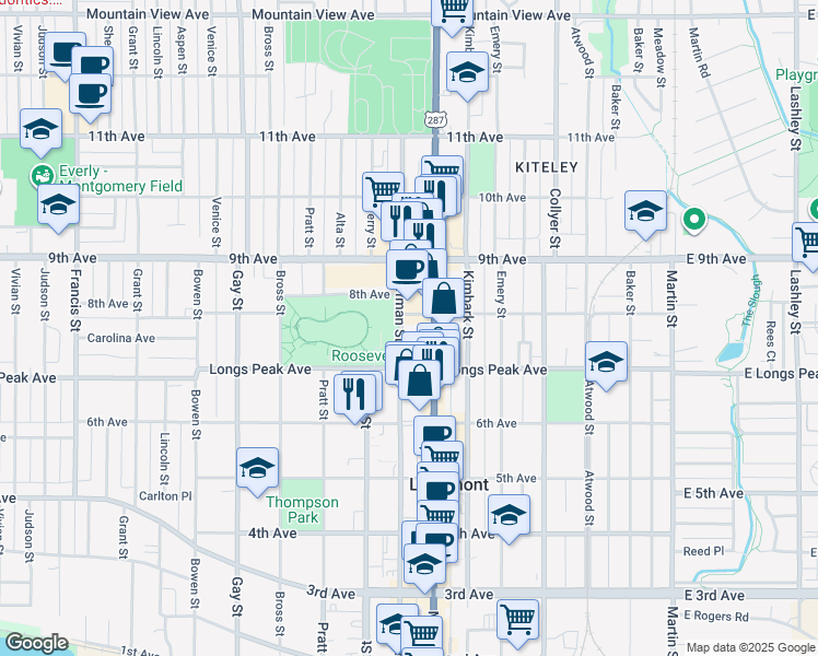 map of restaurants, bars, coffee shops, grocery stores, and more near 726 Coffman Street in Longmont
