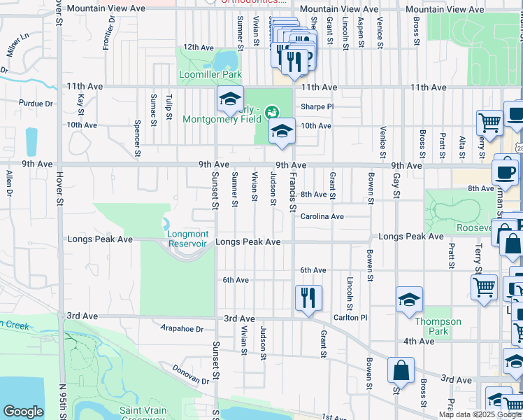 map of restaurants, bars, coffee shops, grocery stores, and more near 730 Vivian Street in Longmont