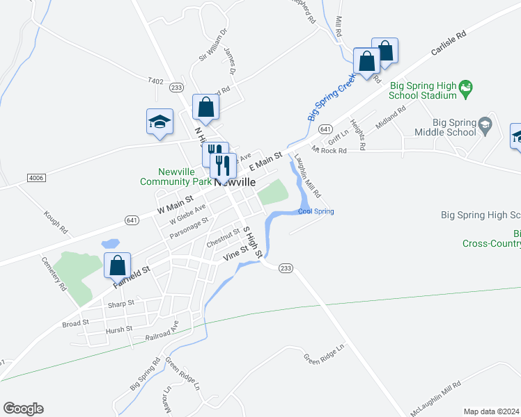 map of restaurants, bars, coffee shops, grocery stores, and more near 60 South Corporation Street in Newville