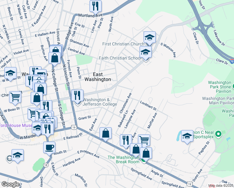 map of restaurants, bars, coffee shops, grocery stores, and more near 50 South Wade Avenue in Washington