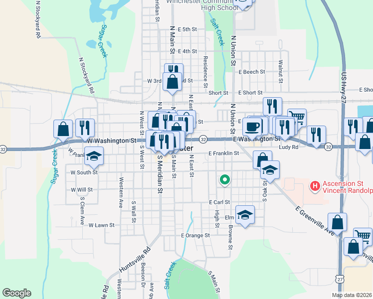 map of restaurants, bars, coffee shops, grocery stores, and more near 203 S East St in Winchester
