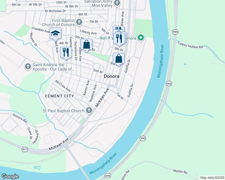 map of restaurants, bars, coffee shops, grocery stores, and more near 105 1st Street in Donora