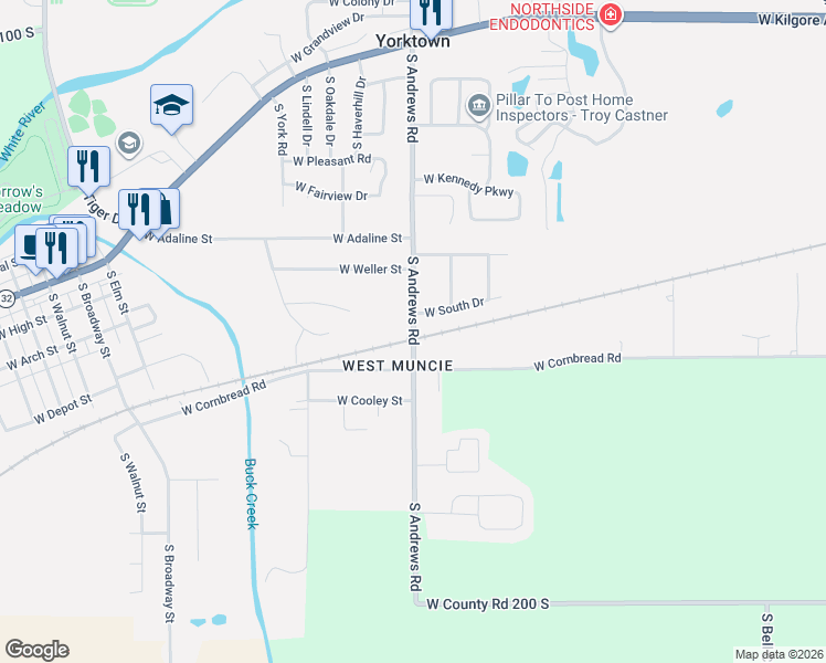 map of restaurants, bars, coffee shops, grocery stores, and more near 2388 South Andrews Road in Yorktown
